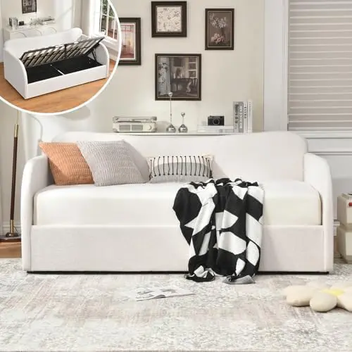 Twin Size Upholstered Daybed with Lift-Up Storage, Modern Boucle White Bed with Gas Lift Mechanism, Curved Back and