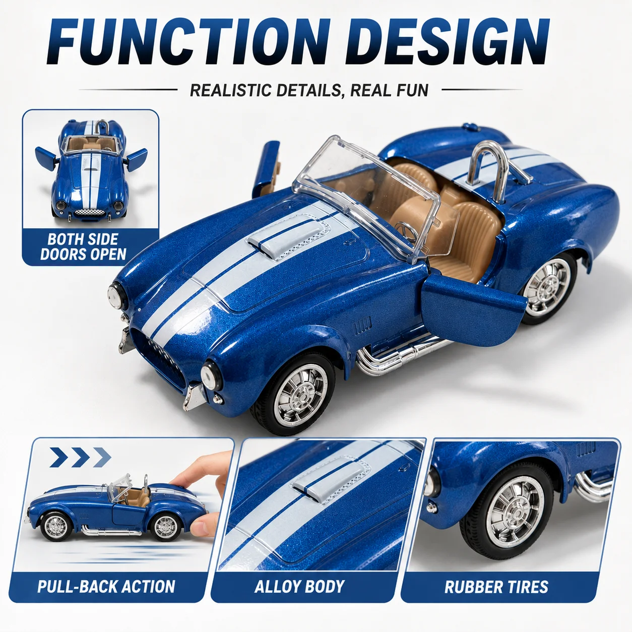 (Corrugated Box) 1/36 Scale, Retro Striped Roadster Style Toy Car, Powerful Spring, Metal Casting, Boy's Toy, the Best Gift.