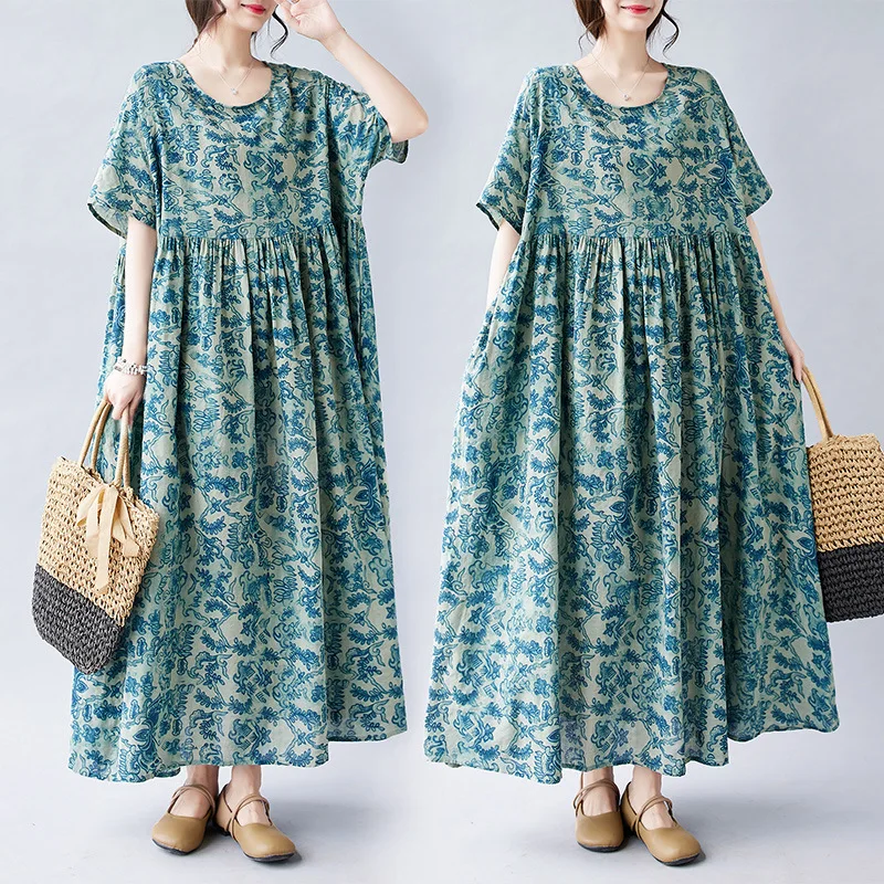 

X2043 Summer Large Size Dress For Women Retro Short Sleeve Lake Blue Florals Print Pullovers Loose Long Dresses