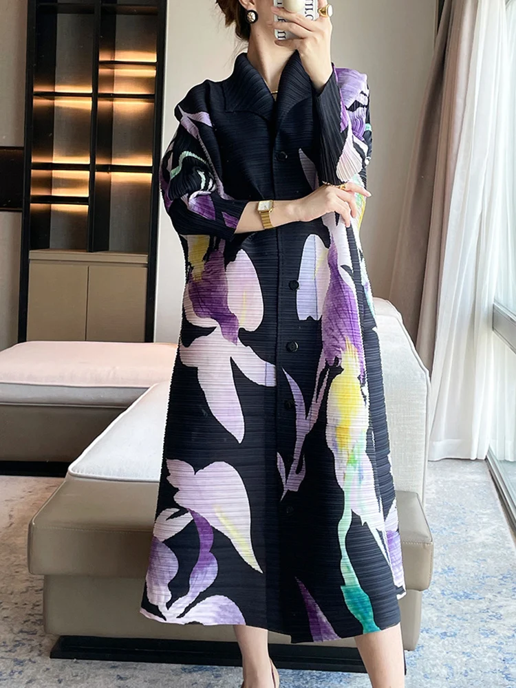 GVUW Pleated Print Dress Women Lapel Single Breasted Full Sleeve Medium Long Loose Office Lady New 2024 Chic Style 17G2851