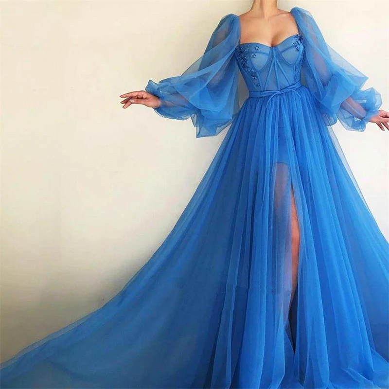 

Blue Evening Dresses for Women 's Long Prom Dresses Full Sleevles A Line Elegant Tulle Party Dress 2025 Customized