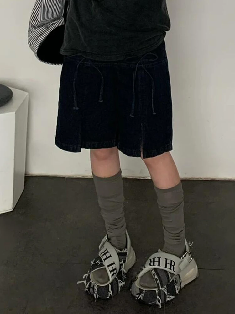 PBAP Cutecore Bow Denim Bermuda Pants Vintage Distressed Pockets High Waist Split Wide Leg Casual Jean Shorts Women Clothing