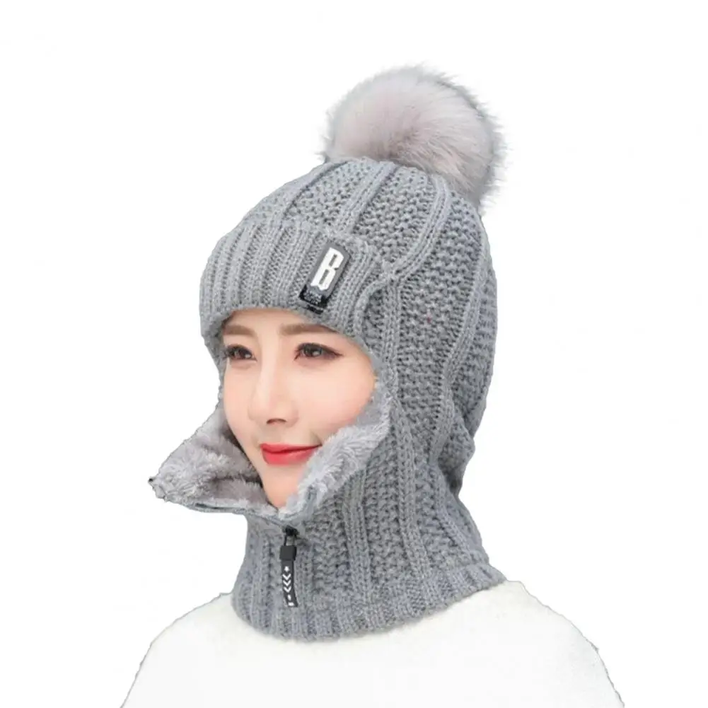 Fleece Lined Plush Ball Neck Warmer Cap Zipper Closure Warm Winter Face Cover Slouchy Beanie for Cycling