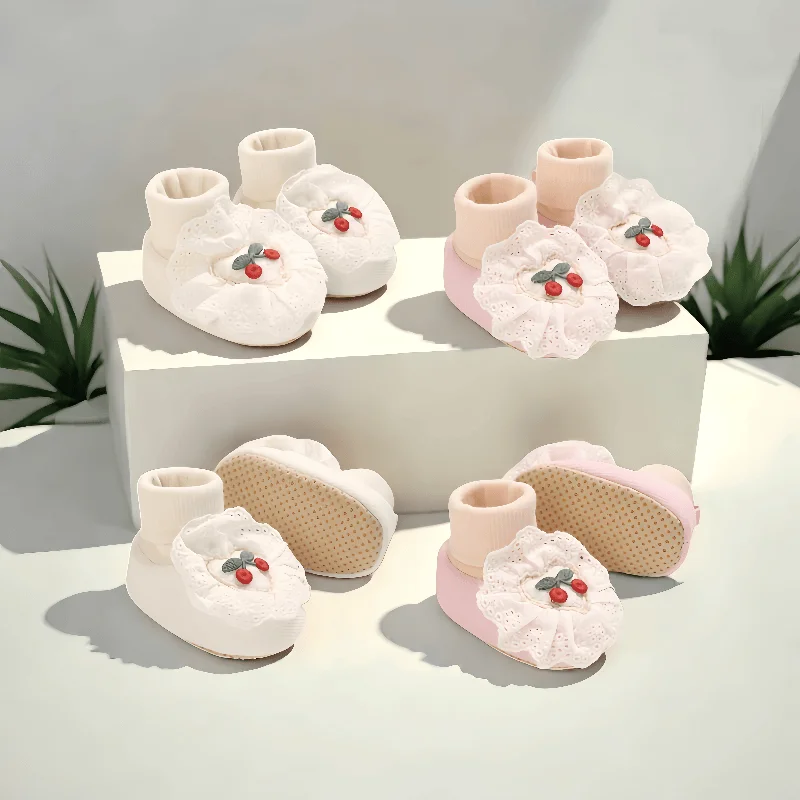 Infant Pre-Walker Shoes Baby Shoes 0-1Year Cherry Decor Winter Warm Cotton Elastic Soft Flat Shoes