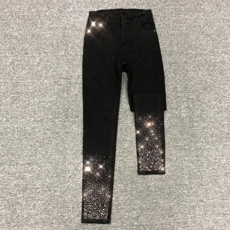 

Spring Summer 2025 New Fashion Harem Denim Pants Female Rhinestones Korean Version High Waist Slim Elastic Jeans Pencil Pants