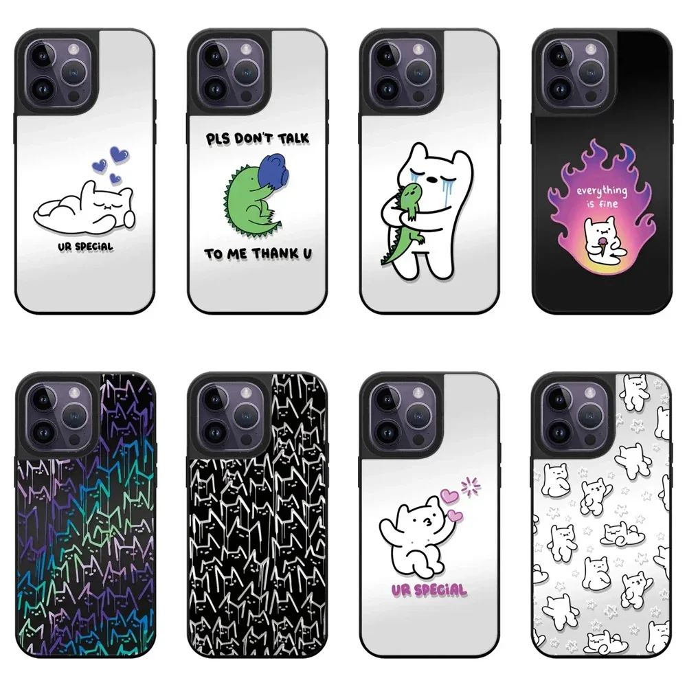 

Cartoon Cat Dinosuar Black Border Mirror Surface Pattern iPhone 11 12 13 14 15 Pro Max Protective Case with MagSafe