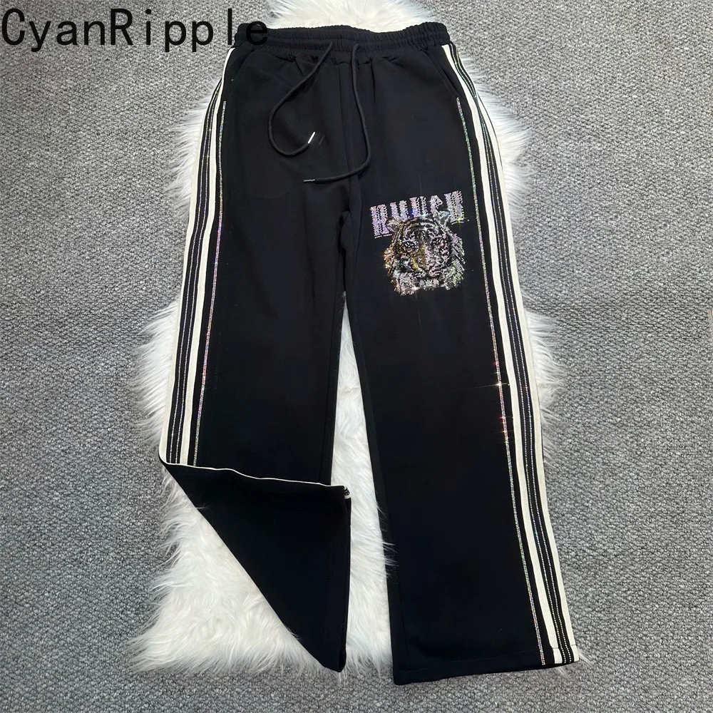 Trendy New Autumn All-match Elastic Waist Loose Straight Pants Women Sports Sweatpants Floor-length Tiger Hot Diamonds Trousers