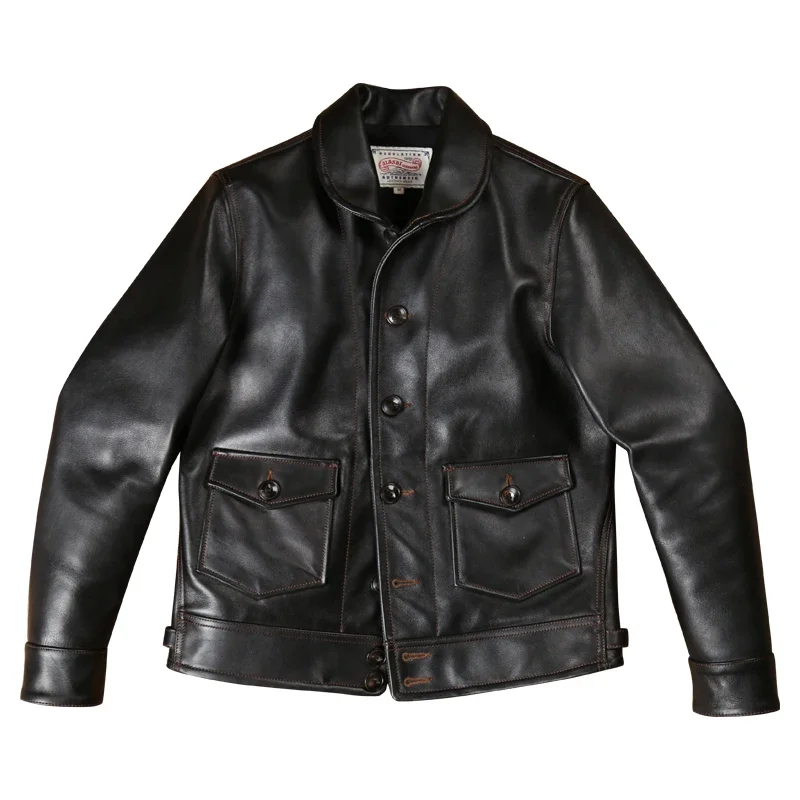 LNY!Wholesales.506 Full Grain Luxury Italy tanned cowhide jacket.Vintage Black classic causal leather coat.Cossack leather cloth