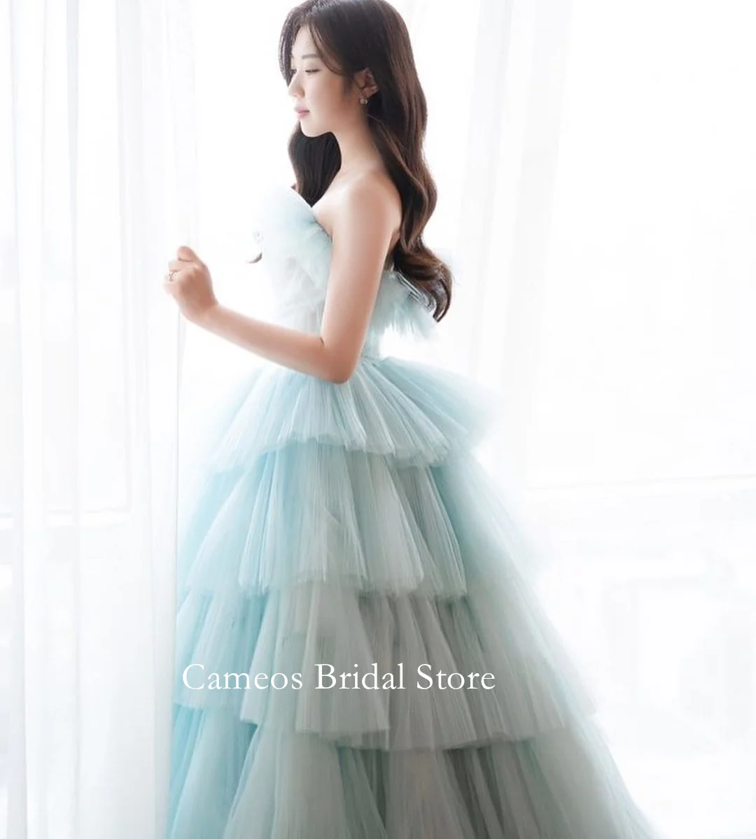 SONDR Off the Shoulder Korea Tiered Evening Dress Customized Formal Prom Dress Tulle Green 웨딩드레스 Occasion Party Evening Gown