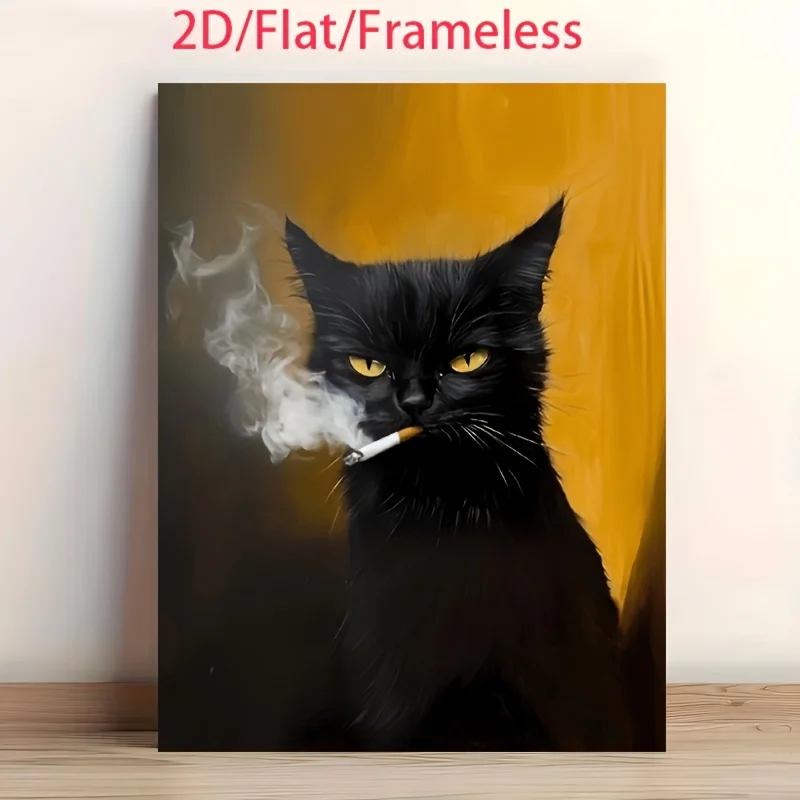 2D Flat, 2D Flat Artwork, 1 Unframed Piece, Vintage Black Cat with Cigarette in Mouth and Sharp Gaze, Exuding a Rebellious an