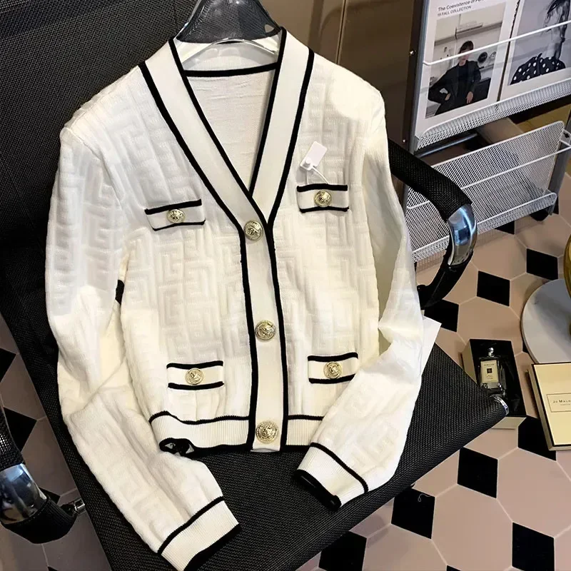 

Spring Autumn 2024 V-Neck Knitting Cardigan Coat Button Jacquard Sweater Women's New Fashion Black White Knitwear Tops Jacket