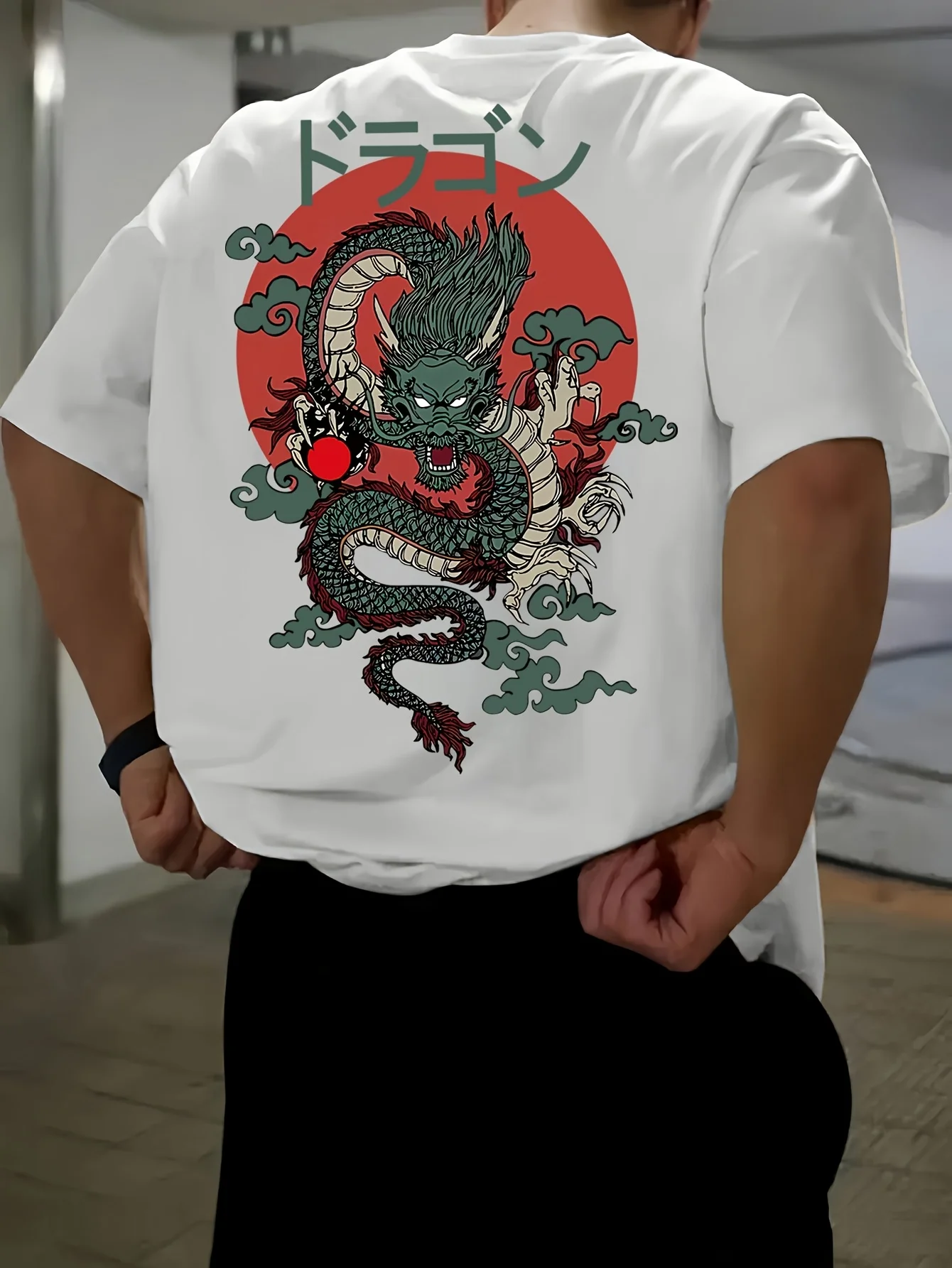 Men'S 100% Polyester Short-Sleeve T-Shirt, Loose Fit, Japanese Anime Dragon Print, Casual Crew Neck Top, Spring/Summer