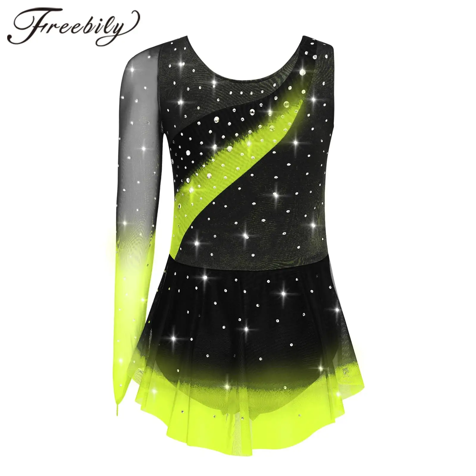 

Children Kids Ballet Dance Leotard Dress Lyrical Ice Figure Skating Dresses Rhinestones School Party Stage Performance Costume