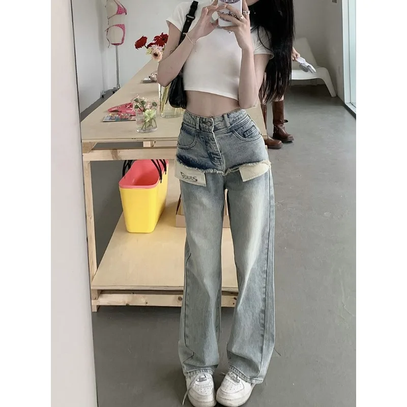 

Pocket Ragged Edge Jeans Women's Spring/Summer Korean Edition High Waist Slim Loose Straight Leg Wide Leg Floor Dragging Pants