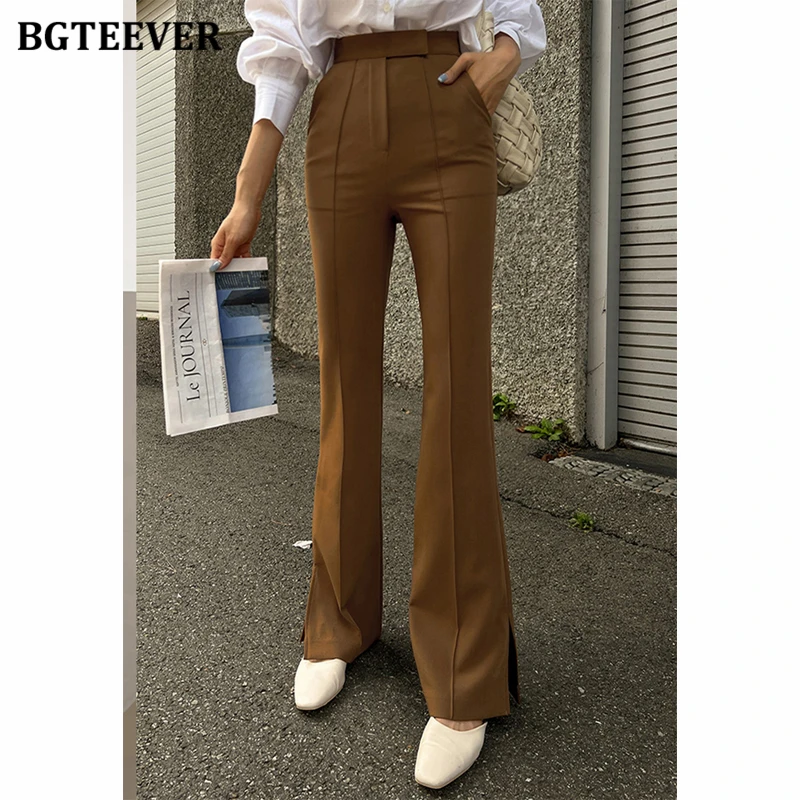 BGTEEVER Summer Side Split Ladies Floor-Length Flare Trousers High Waist Elegant Slim Women Suit Pants