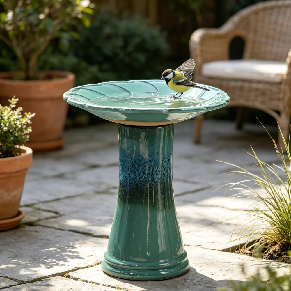 Bain d'oiseaux en céramique artisanal avec bassin à relief de feuilles ondulées, glaçure turquoise haute brillance, résistant au gel et aux intempéries pour jardin, patio et décoration extérieure