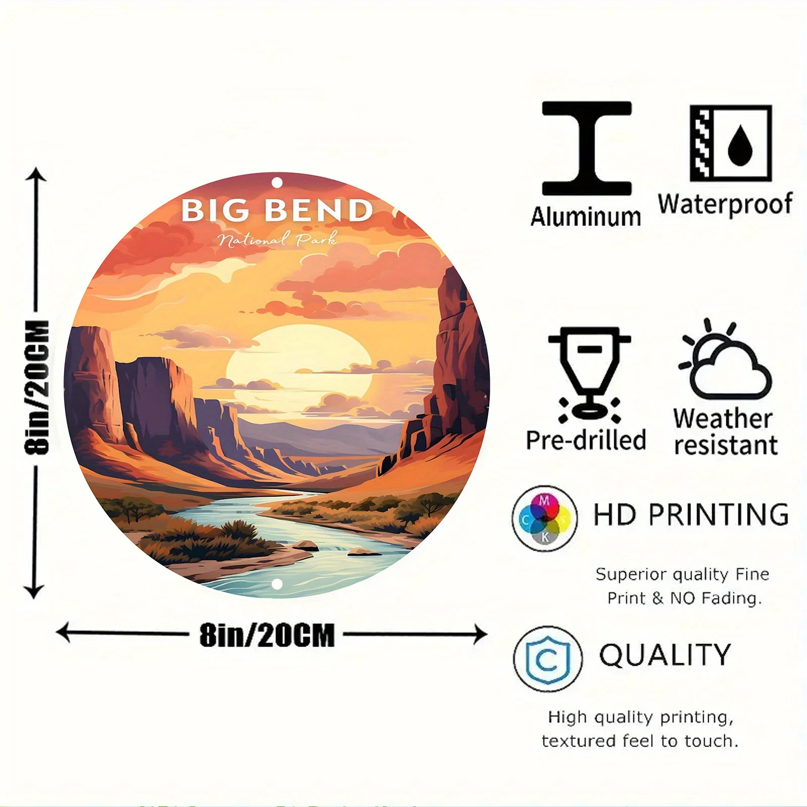 Big Bend National Park Round Metal Wall Art, 1pc Weather Resistant 2D Aluminum Sign, Pre-Drilled UV-Protected Home & Garden Deco