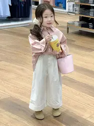 Korean Children's Clothing 2025 Spring Autumn New Retro Style Pink Long Sleeved Shirt Girls' Salt Loose Top Wide Leg Pants