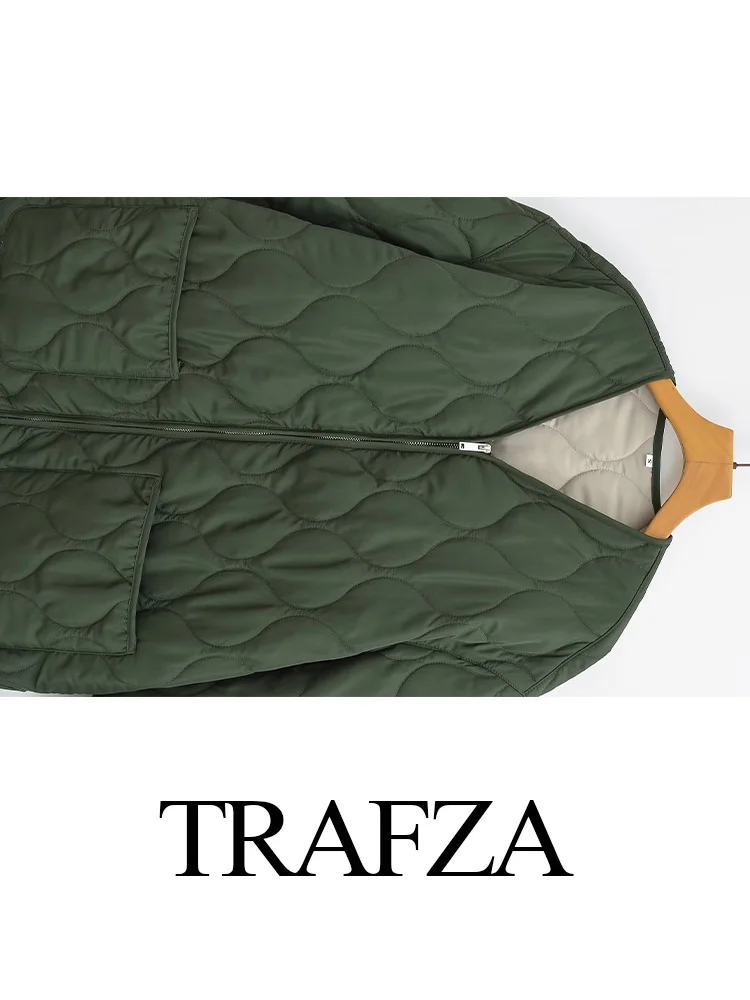 TRAFZA 2024 Casual Women Quilted Loose Cotton Coat Female Long Sleeve V-Neck Pocket Zipper Design Casual Slim Outerwear Jacket