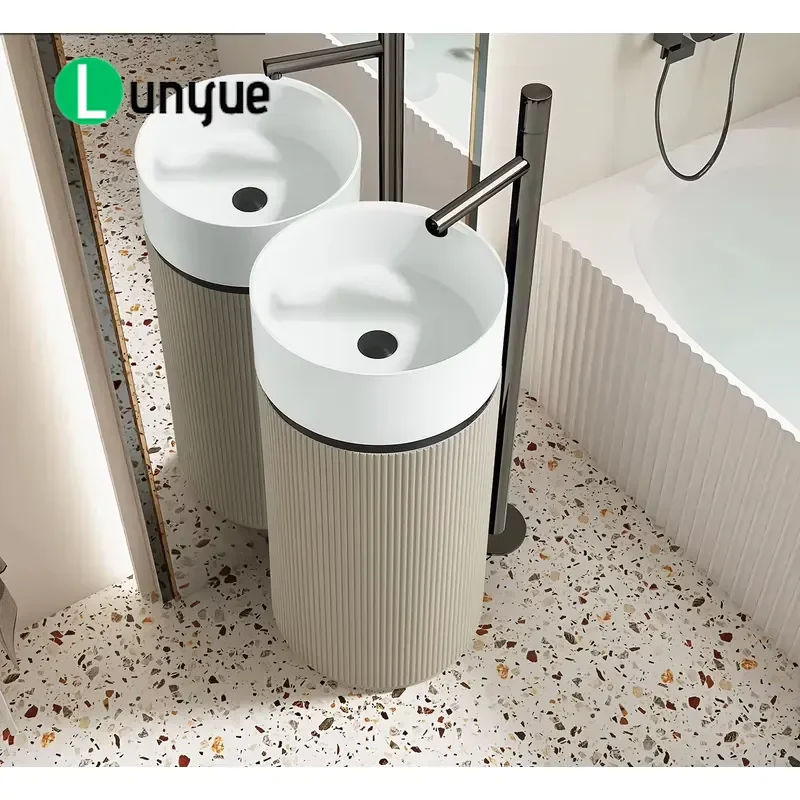 Modern Freestanding Floor to Ceiling Artificial Stone Sink Grooved Cylindrical Basin for Hotel Villa Bathroom Luxury Decor