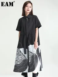 [EAM] Women Black Pattern Printed Drawstring Big Size Shirt Dress New Laple Short Sleeve Fashion Spring Autumn 2024 1DE9084