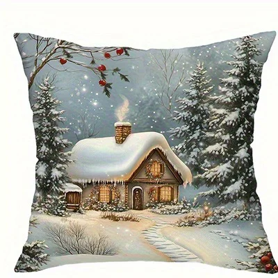 Home Decor Snowy Cottages, Santa & Deer Christmas Pillow Covers Pattern Cushion Cover Suitable for Sofa Bedroom Car Pillow Cover