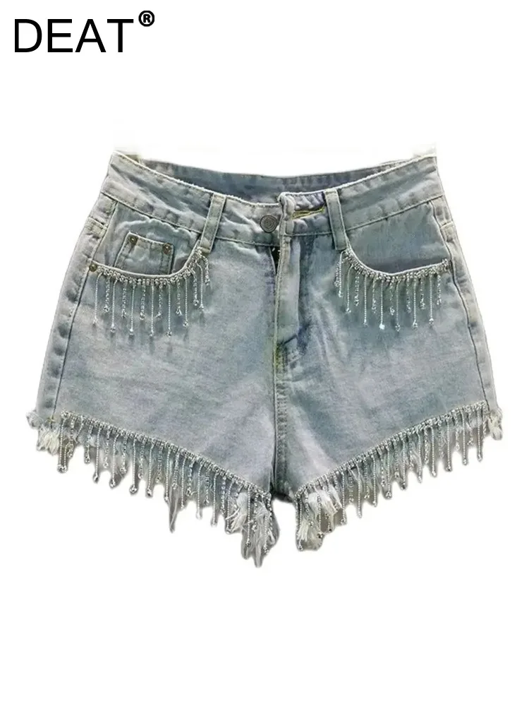 

DEAT Women's Denim Shorts High Waist Solid Color Burrs Edge Diamonds Tassel Chains Short Pants 2024 Summer New Fashion 29L7661