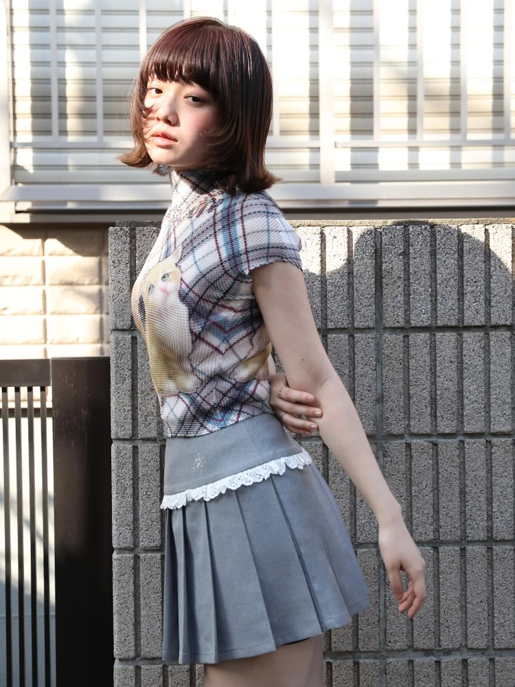 

ey Lace Trim Pleated Skirt f-length Bordered ort Skirt Sweet Sle High Waist A-Line Polyester Blend for Young Women