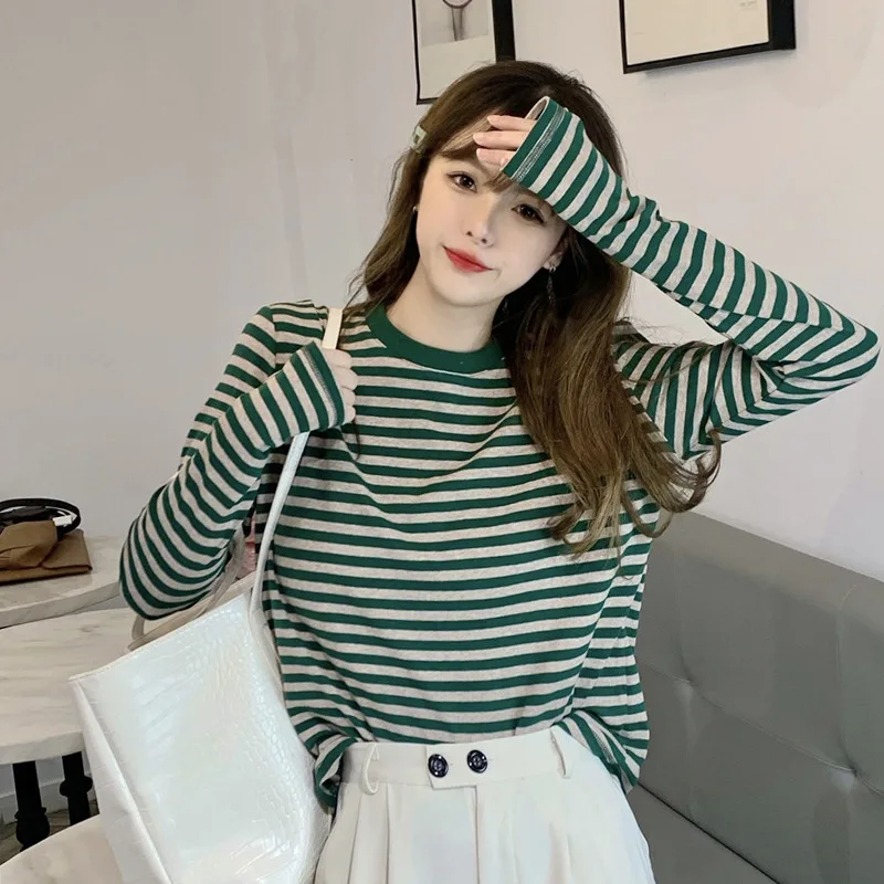 T-shirt Women spring/summer Stripe Long Sleeve Korean Style O-neck Fashionable Loose women's Tshirts Dropshipping CPMY761