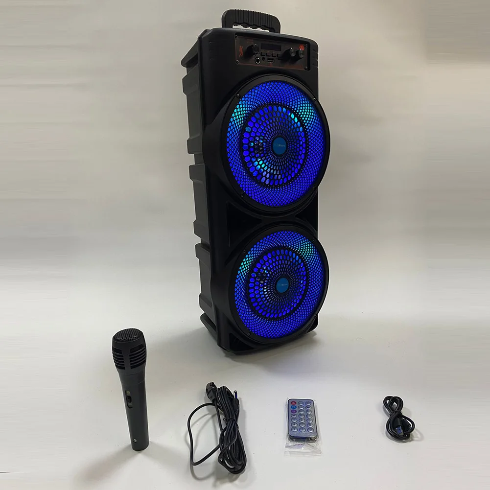 Głośnik Boombox na imprezy plenerowe z funkcją mówienia, kompatybilny z Bluetooth, głośnik zewnętrzny z podwójnym subwooferem, głęboki bas, synchronizacja muzyki z oświetleniem RGB.