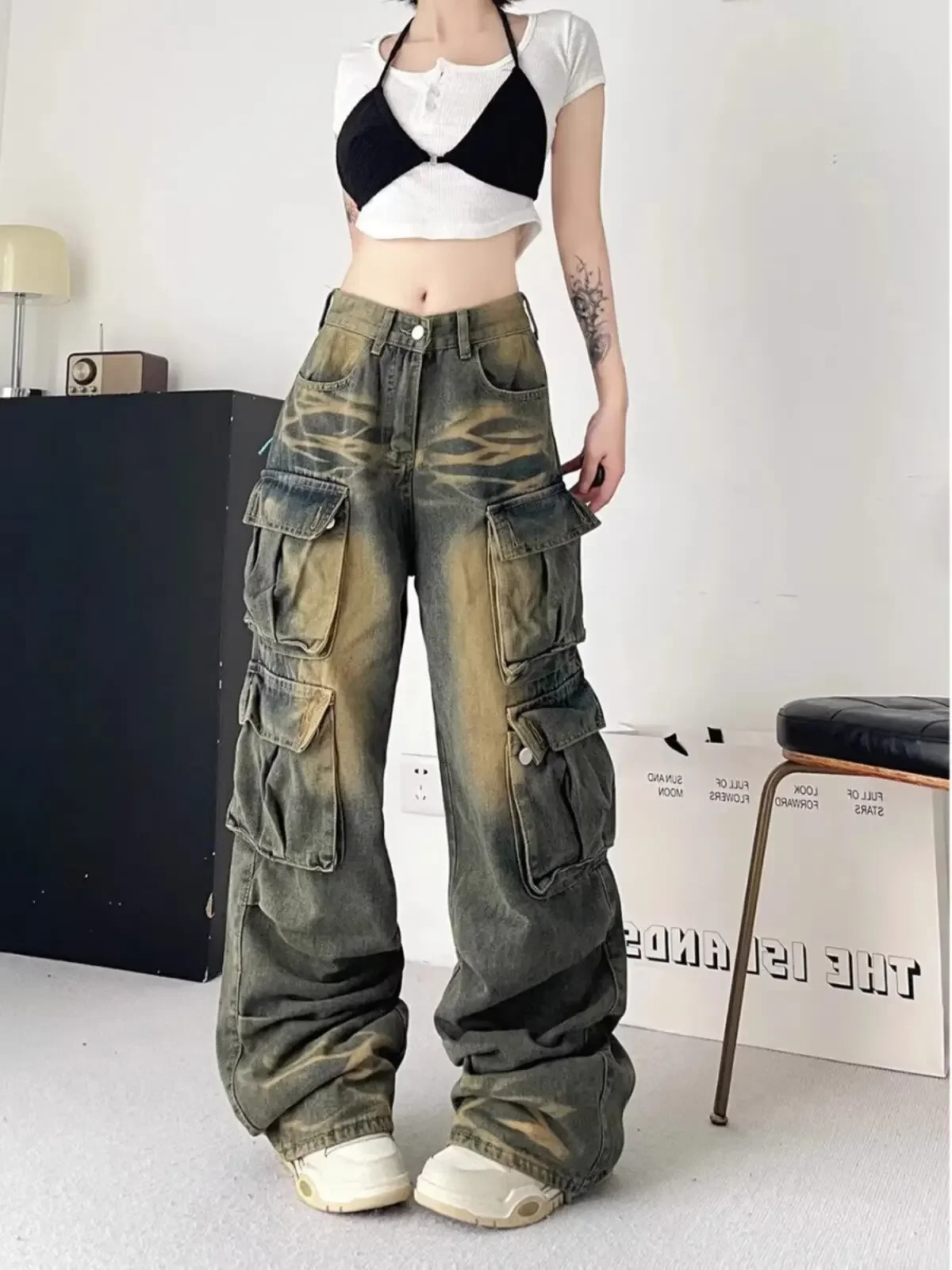 IMU Multi-pocket Washed Baggy Jeans Y2K High Street Tooling Punk Wide Leg Harajuku Gothic Tide Brand High Waist Wide Leg Trouser