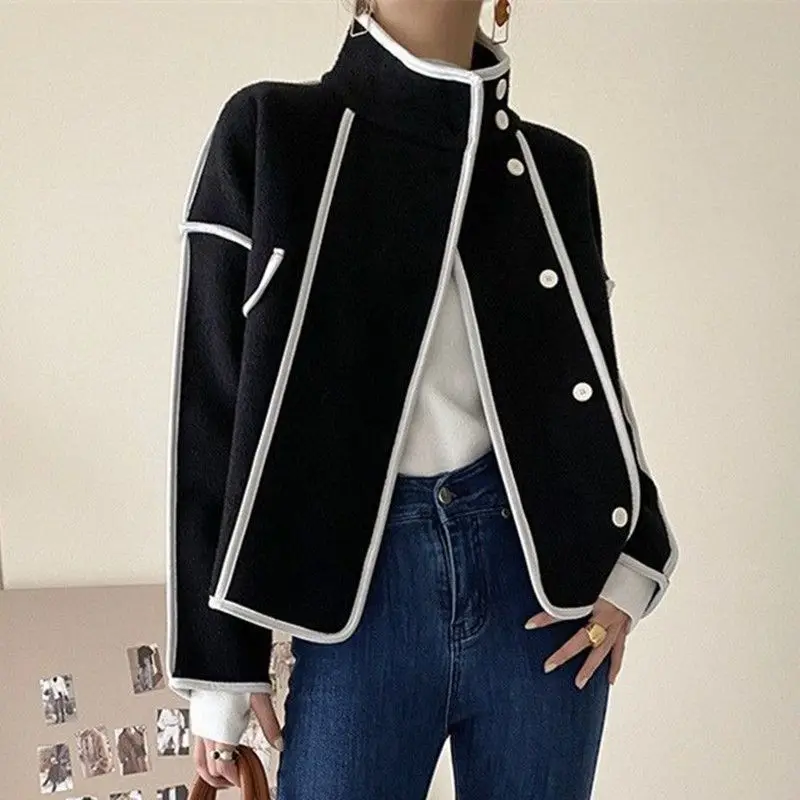 Fashion Coats for Women Loose Standing Collar Solid Short Women's Jacket Contrast Color Design White Black Autumn Outerwear