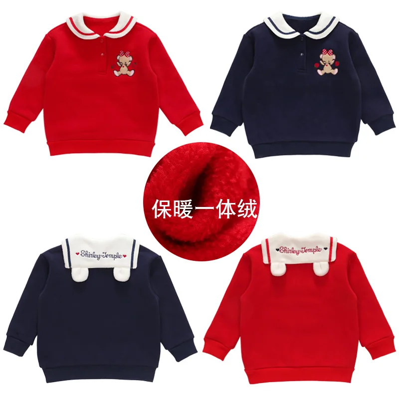 Winter  Girl\'s Hoodies Cartoon Navy Collar Sweatshirts Plush Long Sleeved Sweater Baby Girl Clothes Kids Clothes Girls Sudaderas