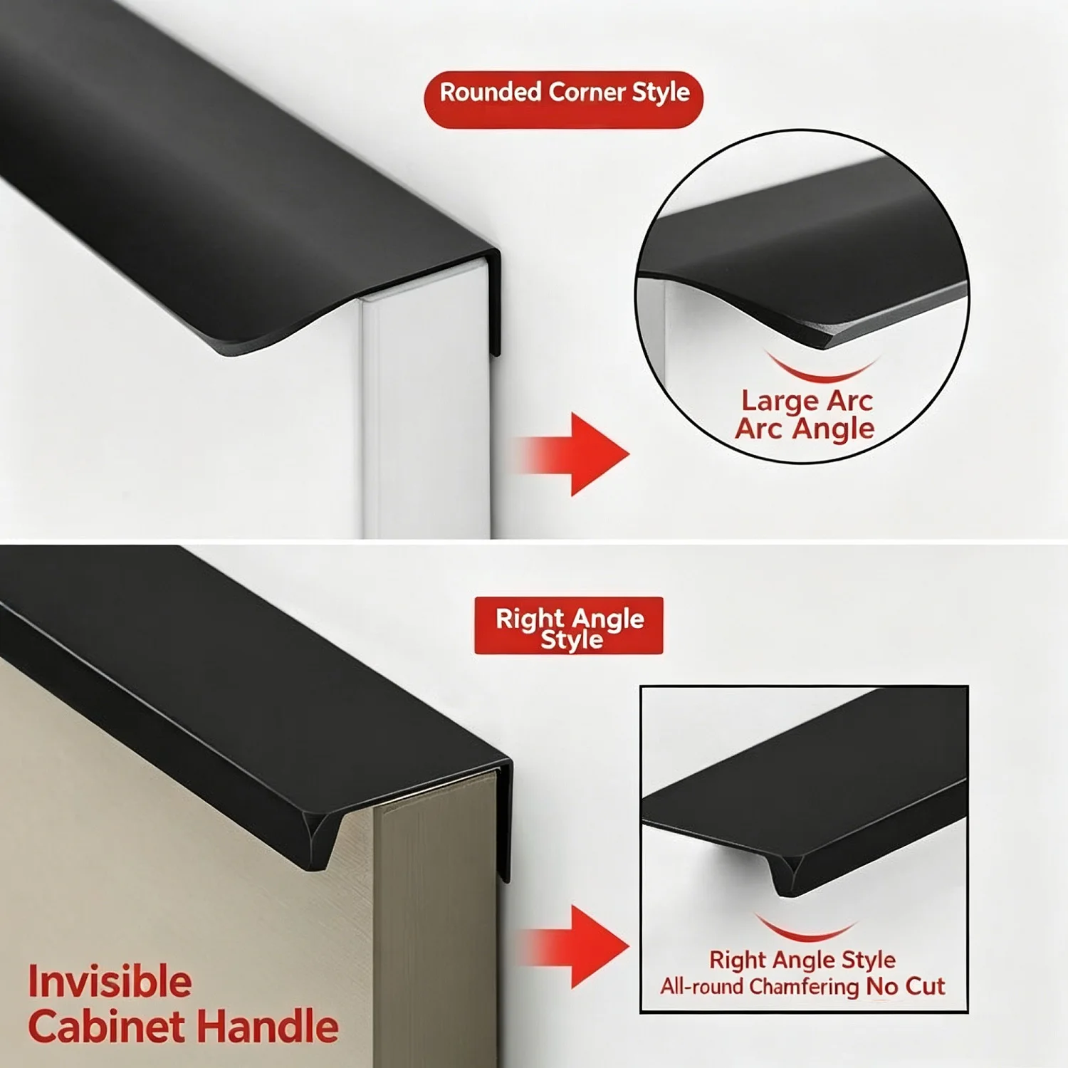 Black Aluminum Alloy Invisible Cabinet Pulls, No Drill Arc/Square Modern Minimalist Hardware for Kitchen Wardrobe Furniture