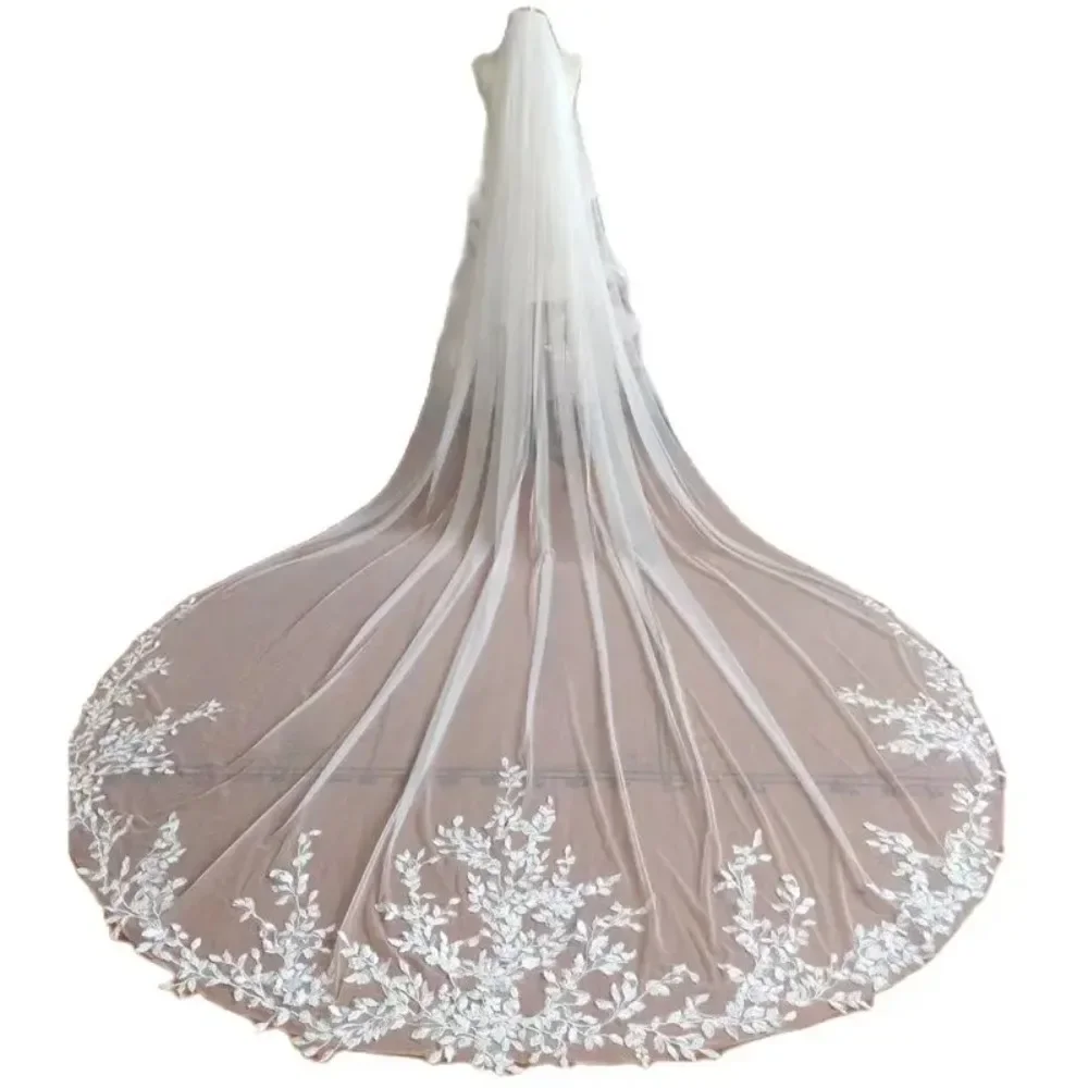 Appliques Wedding Veil Long One layer Lace Wedding Veils with Comb 1T Bridal Veil