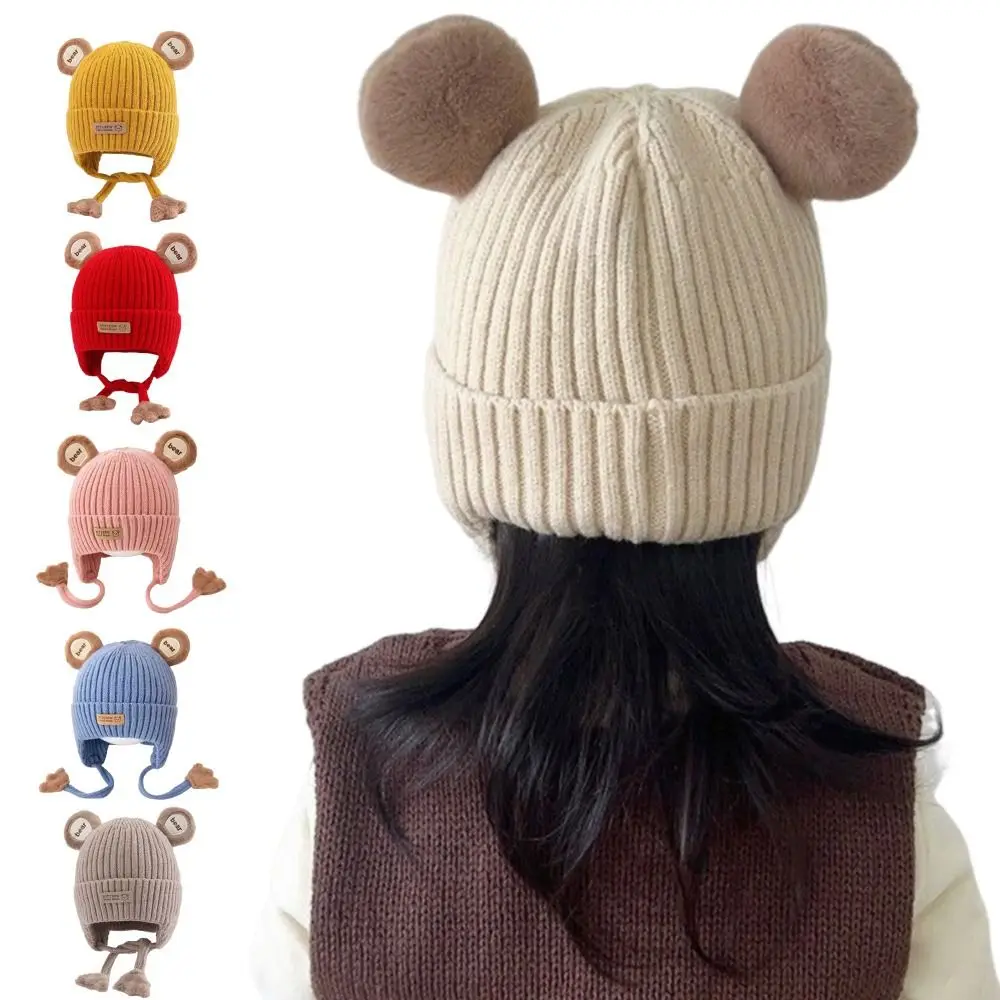 

Cute Bear Design Toddler Beanie Cap Lacing Detail Knitted Material Winter Warm Cap Warm hicken Cotton Lining Kids Anti-cold Cap