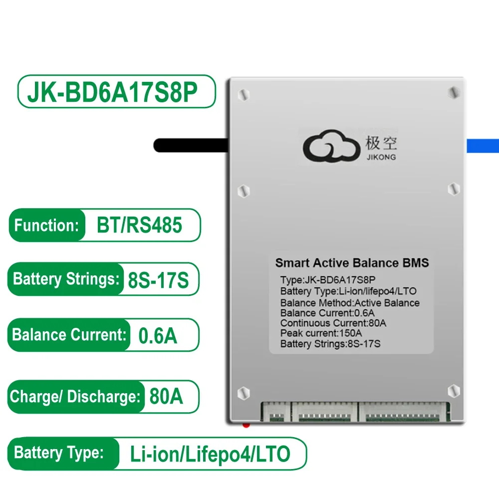 

JK BMS Bluetooth JK-BD6A17S8P 0.6 Active Balance 8S 12S 13S 14S 16S 17S Current Continuous Discharge 80A for Lifepo4 Li-ion LTO