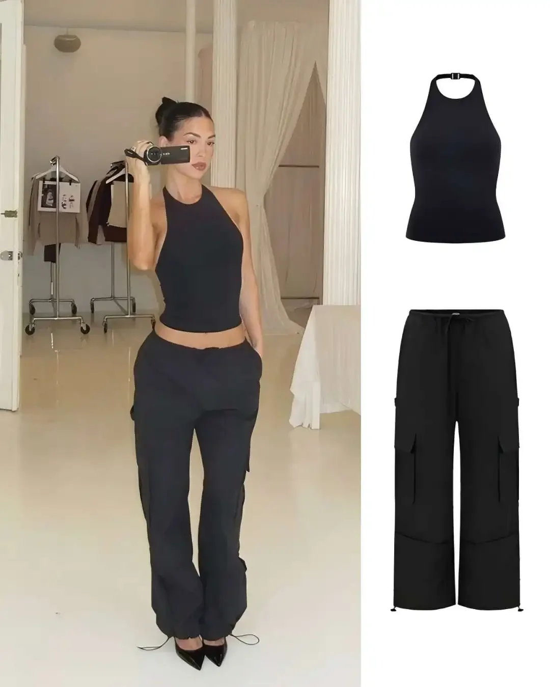 

CSB black halter-neck sports vest with chest pad low-rise pocket cargo pants Loose wide leg floor-length pants