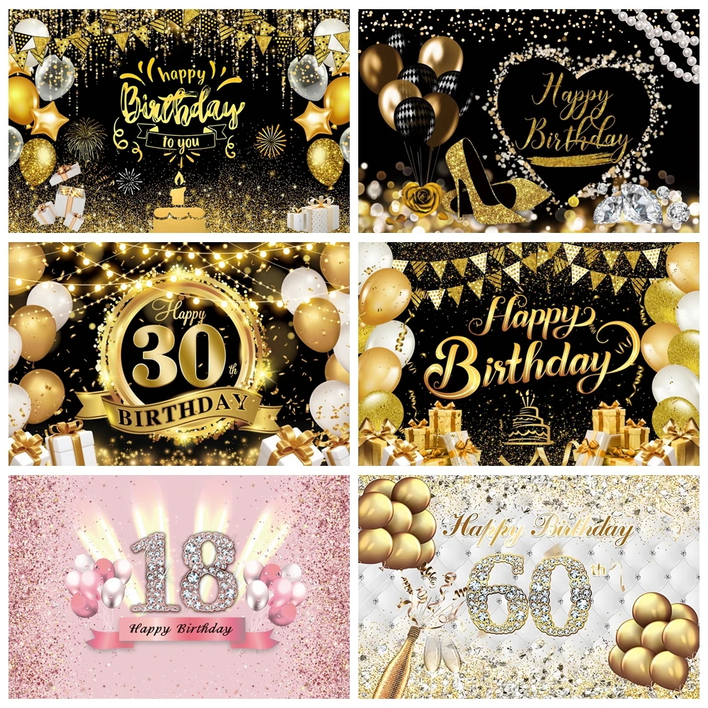 

Black Golden Happy Birthday Backdrop Banner Background 30th 40th 50th Birthday Photo Background Birthday Party Backdrop Decor