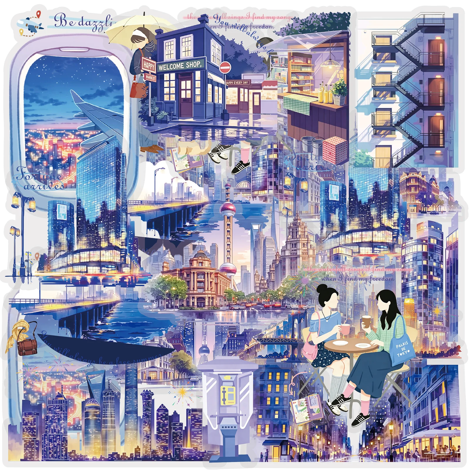 Etori Life 15Pcs Bustling Urban Night Scene Landscape Character Stickers City Travel Collage Material Suitable for Laptops, Phone Stickers, Suitcases, Photo Albums, Diaries, Pencil Cases, Pen Holders, Household Journals, Postcards and Envelopes, Bicycles and Helmets, School Supplies, Office Decoration Items, Scrapbook Supplies, Room Decoration, Back-To-School Season, Cycling Decals