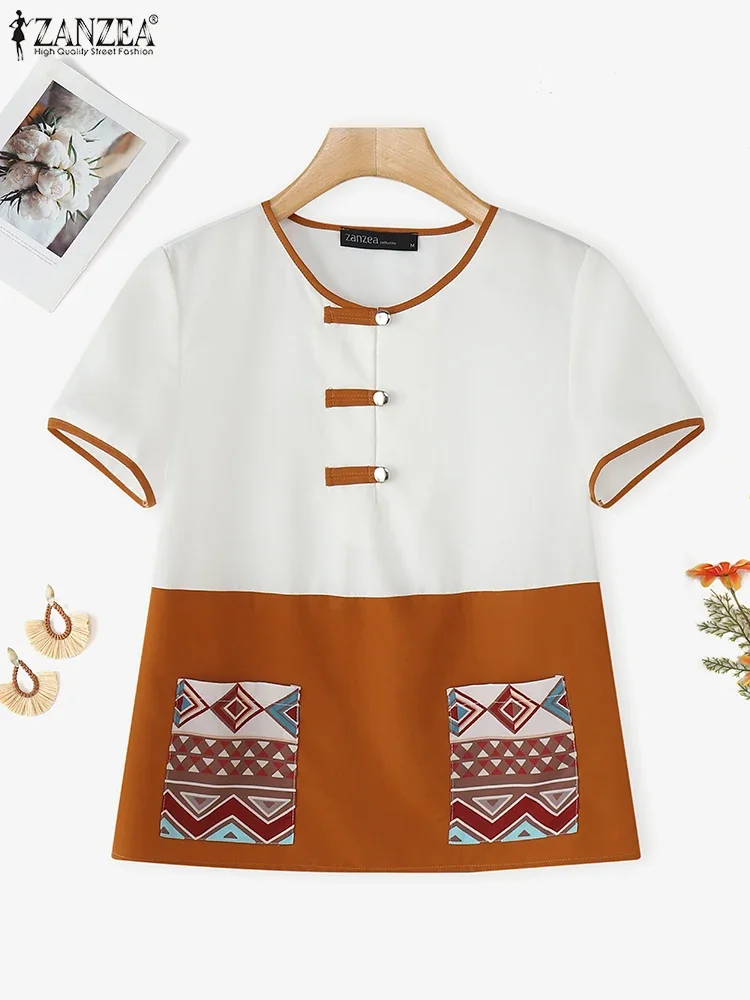 ZANZEA 2025 Printed Blouse Women Casual Loose Pockets Tops Fashion OL Work Tunic O Neck Patchwork Summer Pullover Oversized