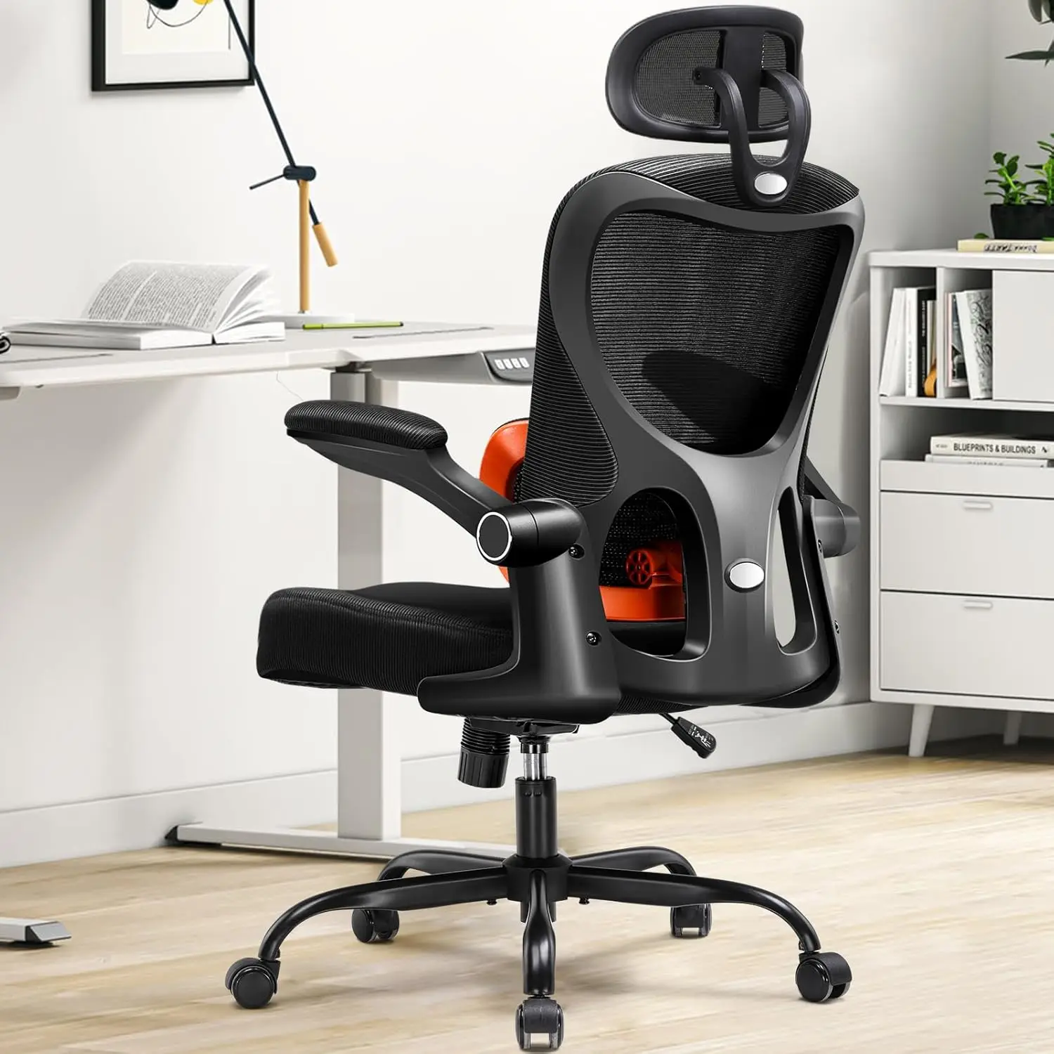 

Office Chair Ergonomic Desk Chair with 3D Adaptive Lumbar Support & Headrest, High Back Home Mesh Chair with Flip-Up Arms, S