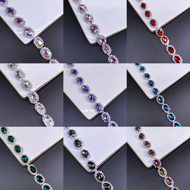 Qing Family Mixed Color Oval Glass Crystal Rhinestone Cup Chain Sew On Wedding Dress Belt Clothes Shoes Bags Trim DIY Accessorie