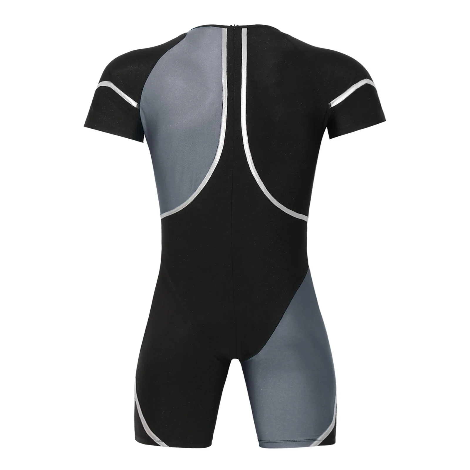 Herren-Einteiler-Rashguard-Tauchanzug, Badeanzug, kurzärmeliger Sport-Bodysuit mit Rückenreißverschluss und metallischem Besatz. – Detail 11