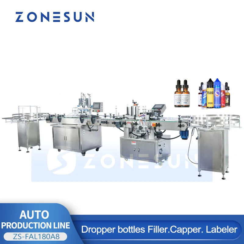 ZONESUN ZS-FAL180A8 Full Automatic Liquid Juice Water Essential oil Bottle Filling Capping and Labeling Machine Line