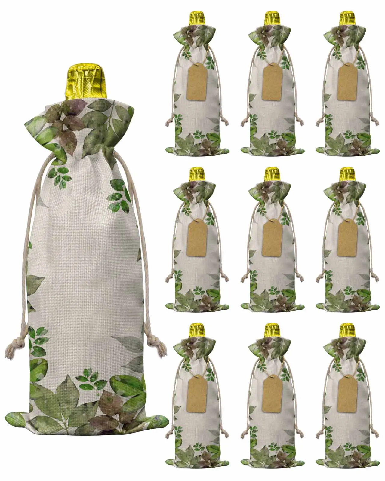 10pcs Plants Gray Green Leaves Beige Linen BackgroundWine Bottle Bag with Drawstring Festive Party Decor Wine Bottle Covers Gift