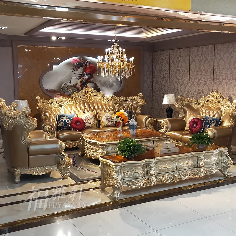 

European leather sofa, solid wood carving flower high-end villa large apartment champagne gold living room 124 combination whole