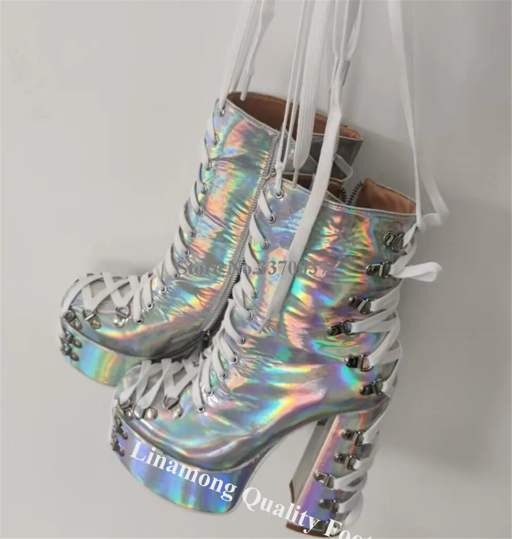 Linamong Hologram Iridescent Silver Chunky Heel Short Boots Round Toe Lace-up Buckles High Platform Thick Heel Ankle Booties