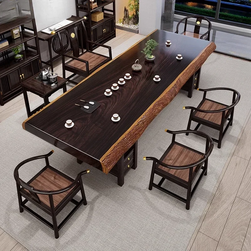 Ebony tea table and chair combination, whole solid wood large board table, log coffee table, solid wood tea table office whole