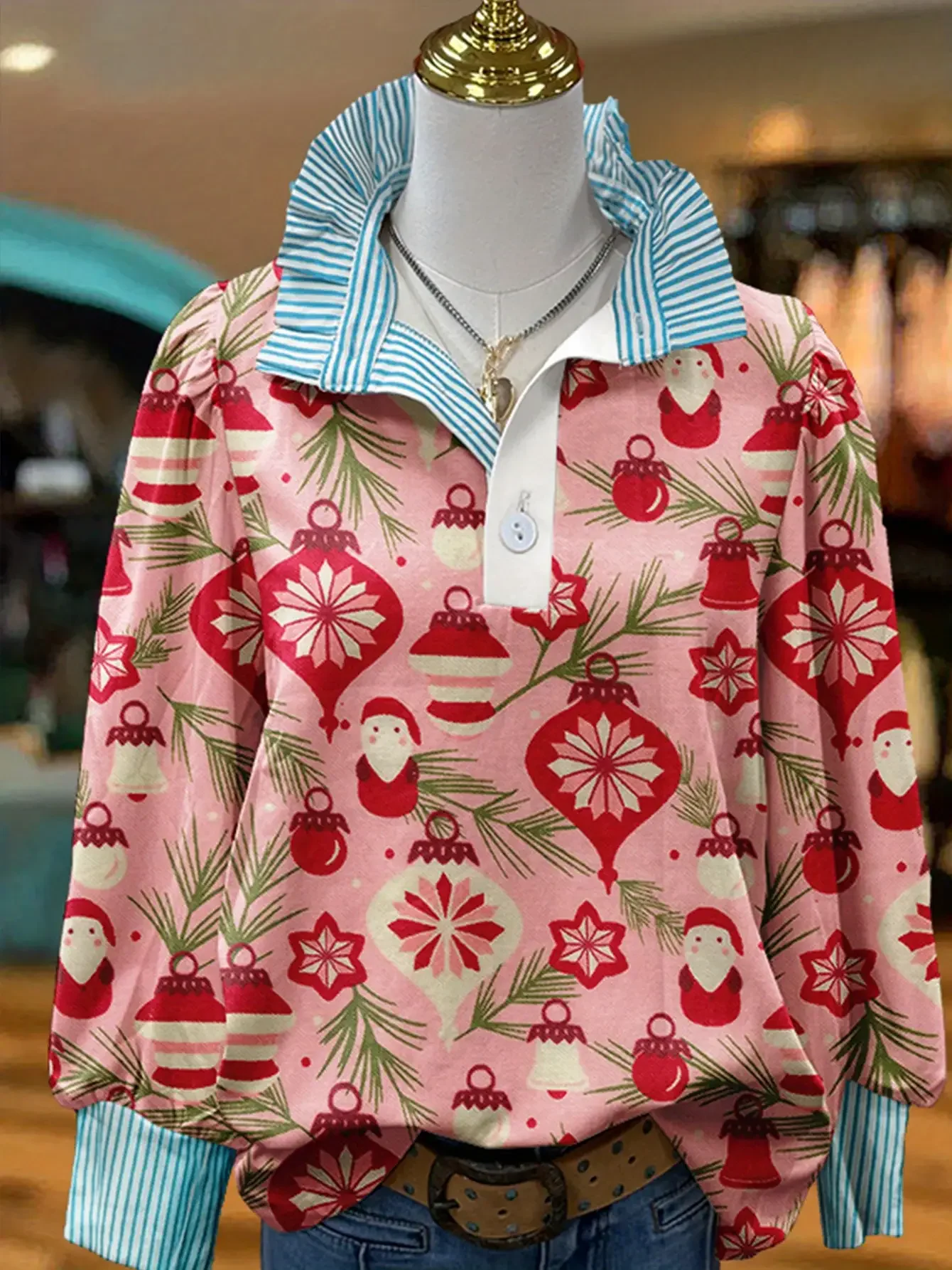 

Christmas Women's Top Spring and Autumn Winter Women's Stand up Collar Long Sleeve Shirt, lapel, printed shirt